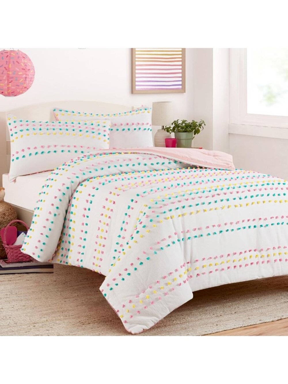 Cozy Boho Pom Pom Bedding Set, 3-Piece Comforter for Girls, Full/Queen, White
